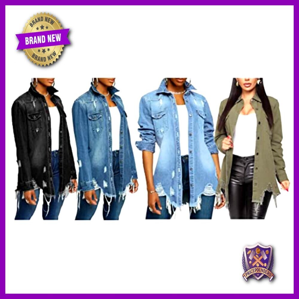 Distressed Denim Jacket Oversized Ripped Y2K Chic Button Down Long Sleeve - Picture 6 of 6